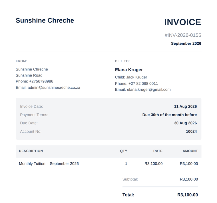 A ClassNest invoice, generated automatically with line items and total